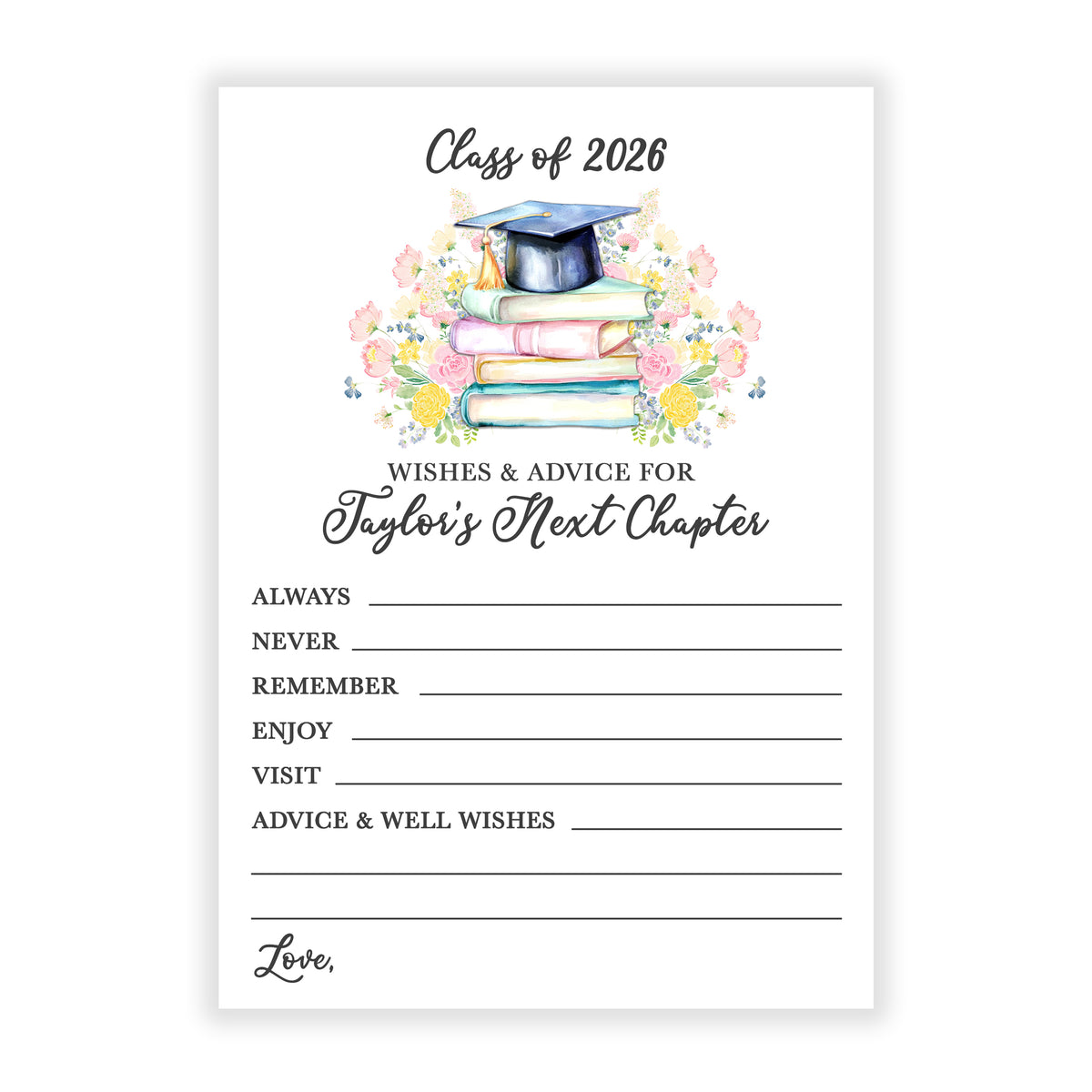 Next Chapter Books Pastel Graduation Party Advice Wish Wishes Cards Personalized Flat Stationery Custom Printed Party Open House Decorations Graduate Decor