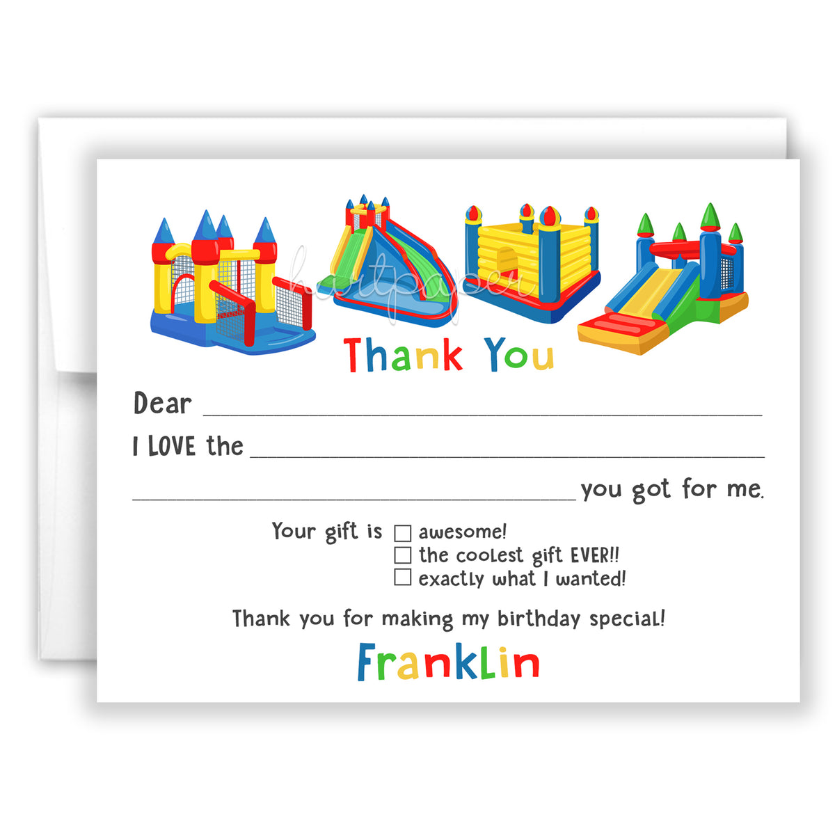 Bounce House Thank You Note Card Personalized Custom Stationery • Fill in Blank, Lined or Blank Cards