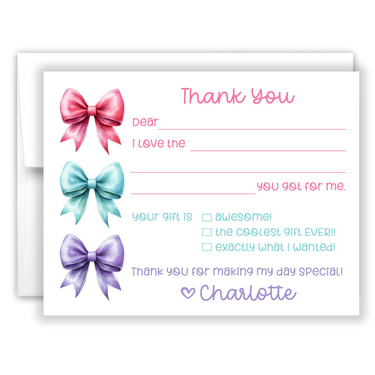 Rainbow Bow Coquette Thank You Note Card Personalized Custom Stationery • Fill in Blank, Lined or Blank Cards