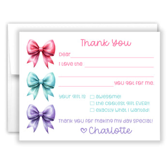 Rainbow Bow Coquette Thank You Note Card Stationery • Fill in Blank, Lined or Blank Cards