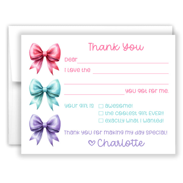 Rainbow Bow Coquette Thank You Note Card Stationery • Fill in Blank, Lined or Blank Cards