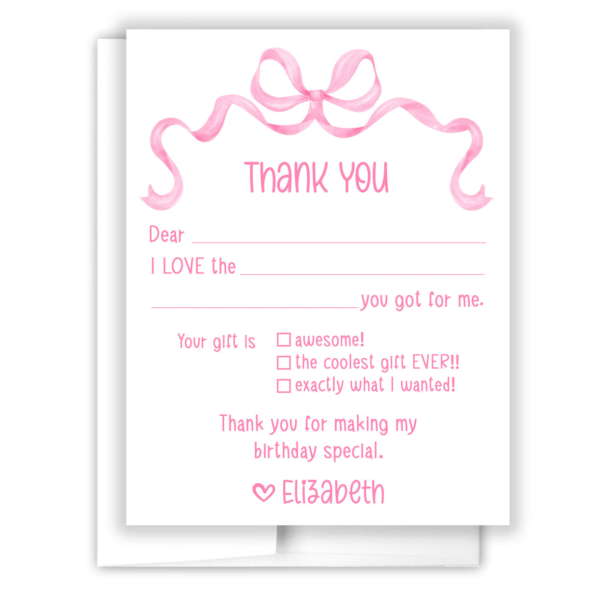 Pink Bow Coquette Thank You Note Card Personalized Custom Stationery • Fill in Blank, Lined or Blank Cards
