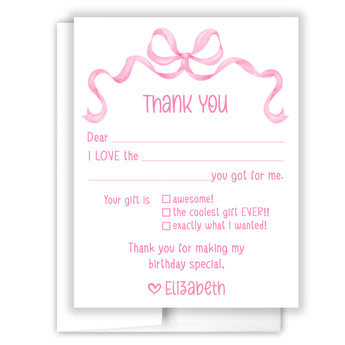 Pink Bow Coquette Thank You Note Card Stationery • Fill in Blank, Lined or Blank Cards