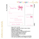 Pink Bow Coquette Thank You Note Card Stationery • Fill in Blank, Lined or Blank Cards