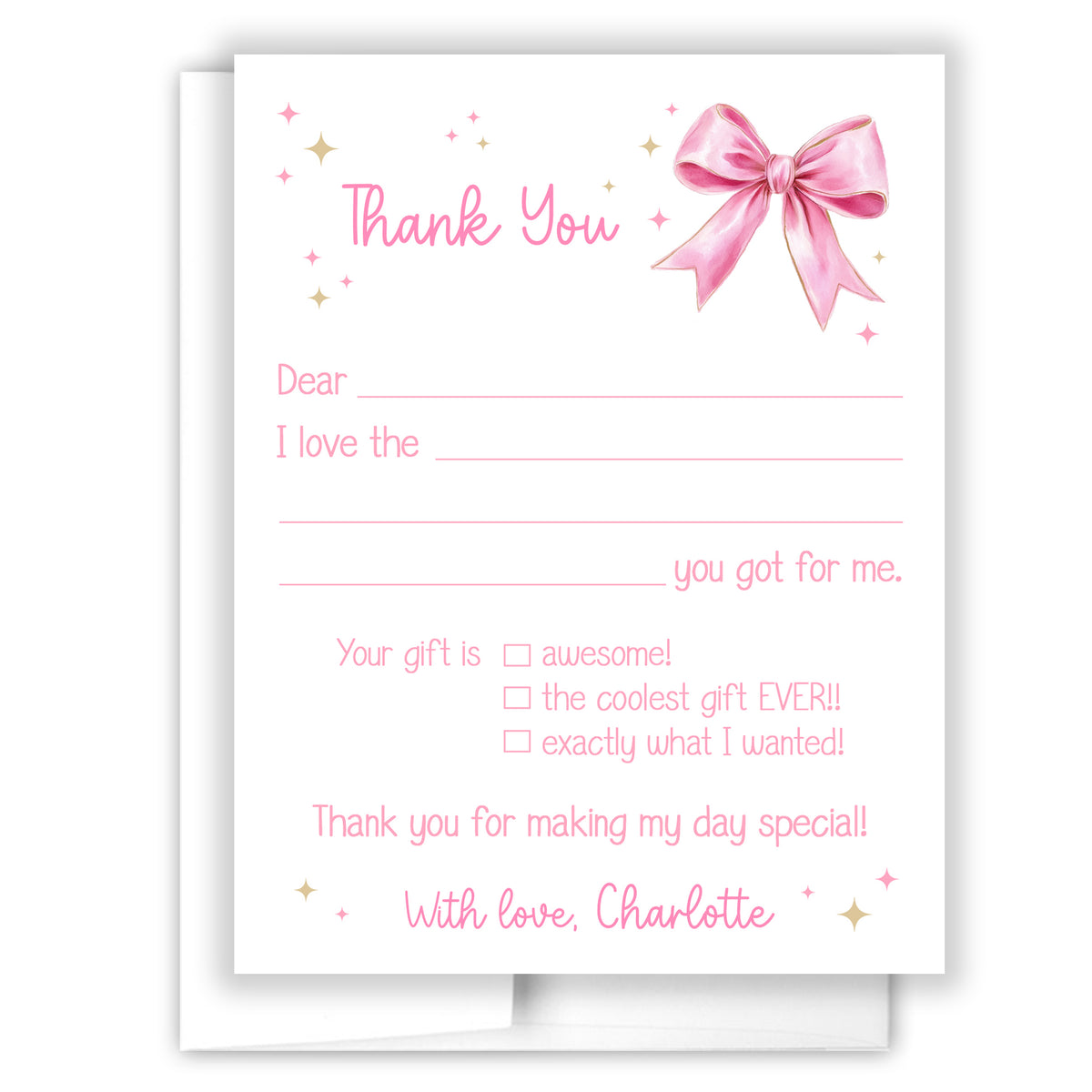 Pink Bow Coquette Thank You Note Card Personalized Custom Stationery • Fill in Blank, Lined or Blank Cards