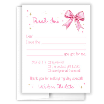 Pink Bow Coquette Thank You Note Card Stationery • Fill in Blank, Lined or Blank Cards