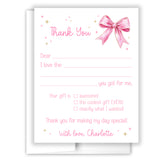Pink Bow Coquette Thank You Note Card Stationery • Fill in Blank, Lined or Blank Cards