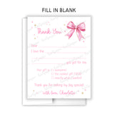 Pink Bow Coquette Thank You Note Card Stationery • Fill in Blank, Lined or Blank Cards