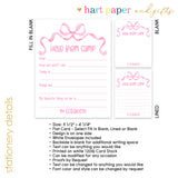 Pink Bow Coquette Summer Camp Camping Note Cards Stationery • Fill in Blank, Lined or Blank Cards