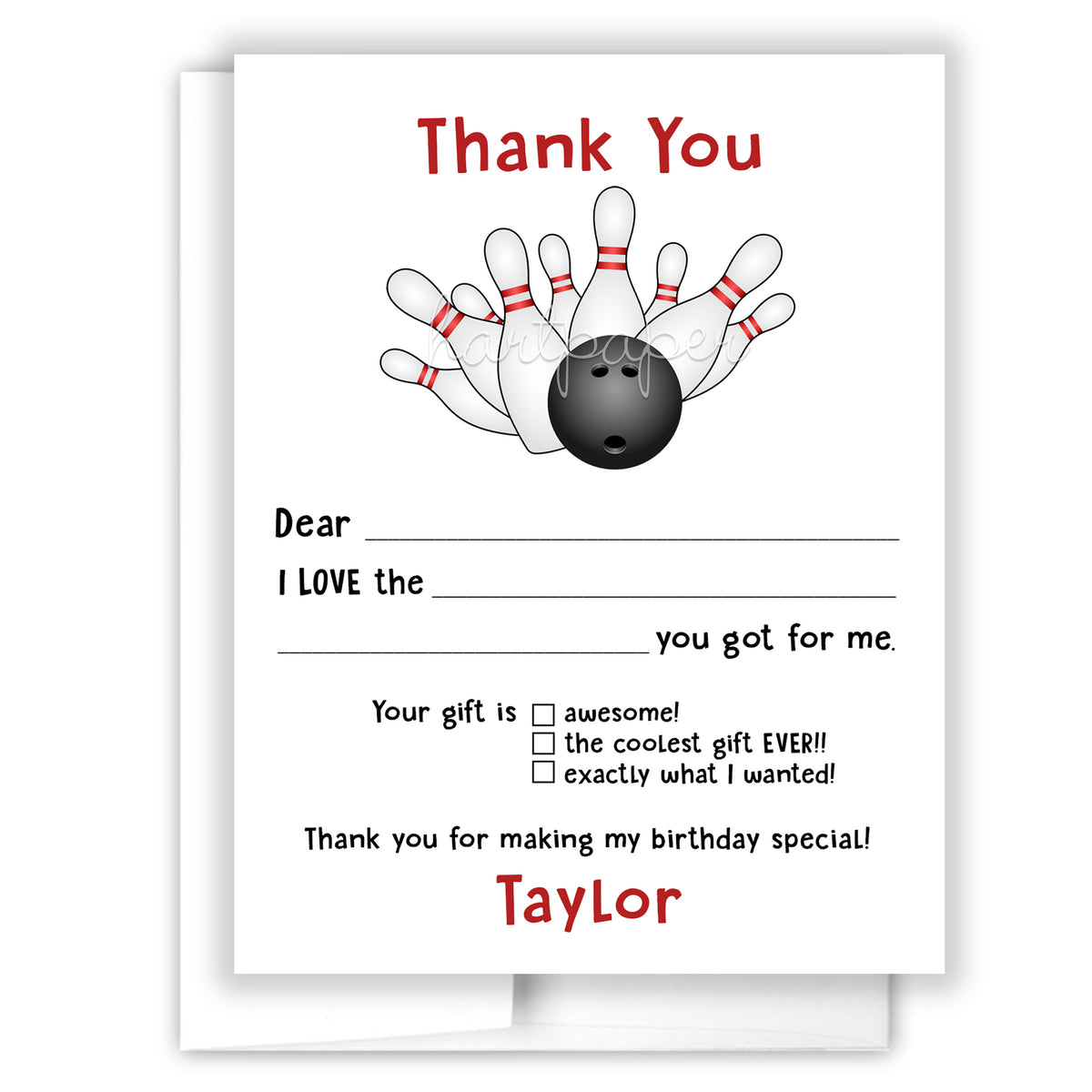 Bowling Thank You Note Card Personalized Custom Stationery • Fill in Blank, Lined or Blank Cards