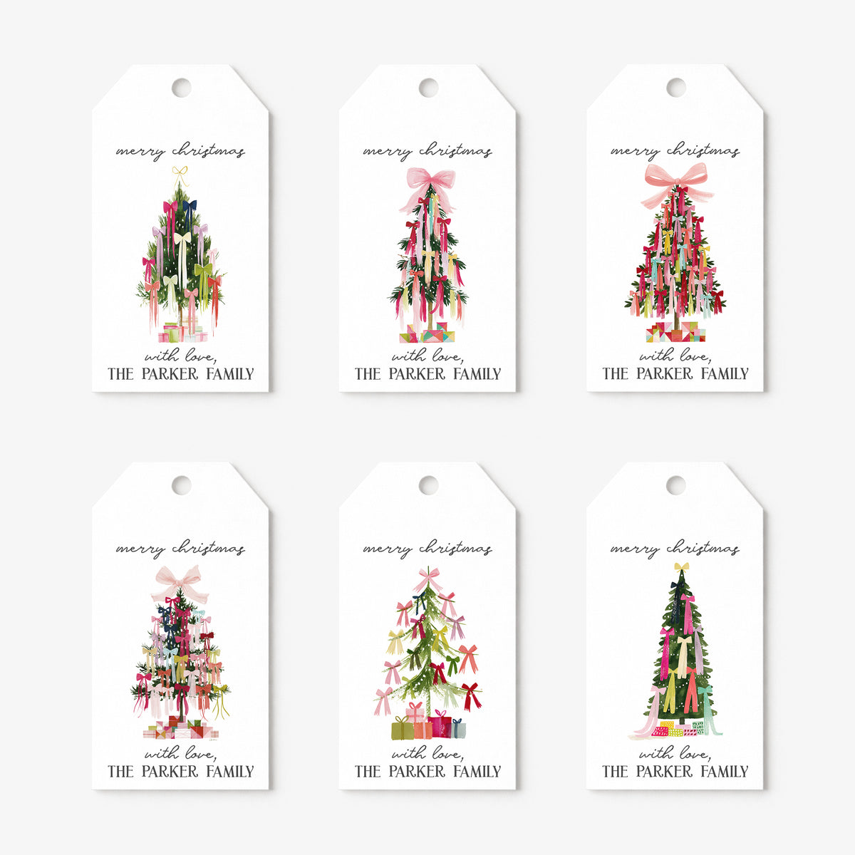 Whimsical Christmas Tree Coquette Bow Bows Personalized Gift Tags • Christmas Holiday Gift Wrapping • Custom Family Name Tag • Gifts
