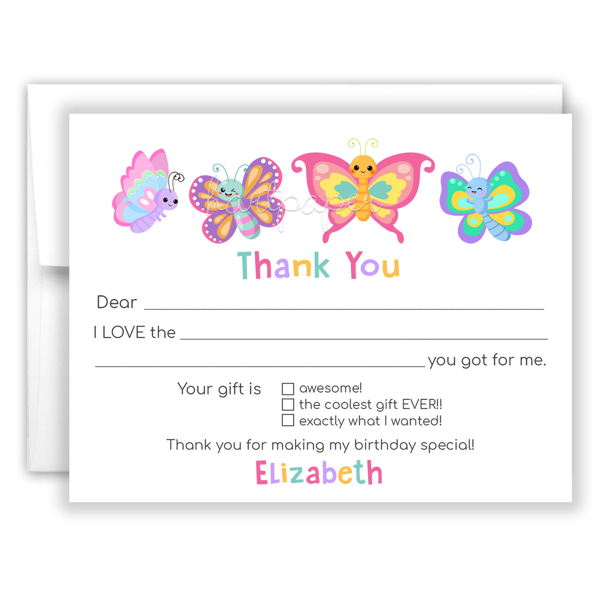 Butterfly Thank You Note Card Personalized Custom Stationery • Fill in Blank, Lined or Blank Cards