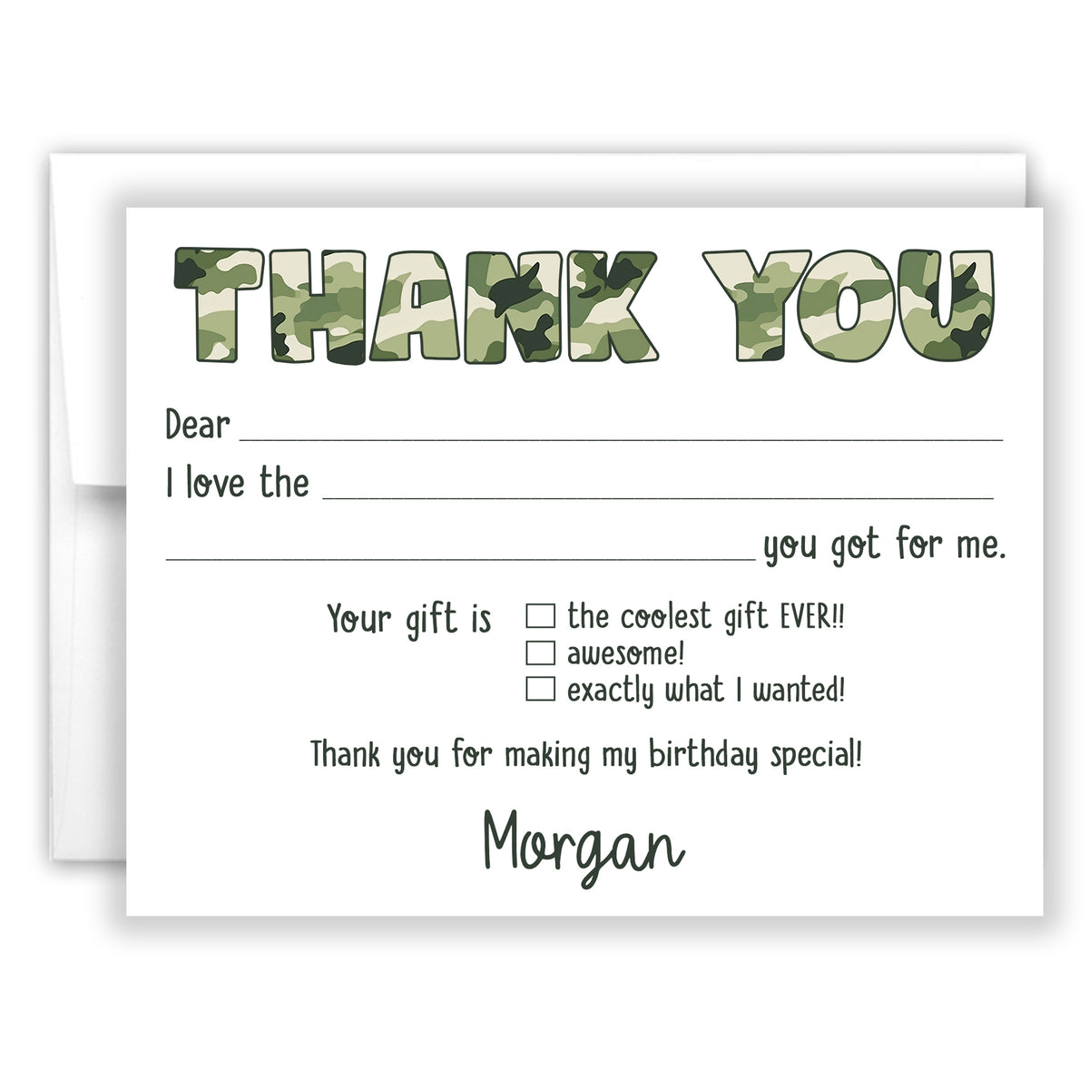 Camouflage Camo Thank You Note Card Personalized Custom Stationery • Fill in Blank, Lined or Blank Cards
