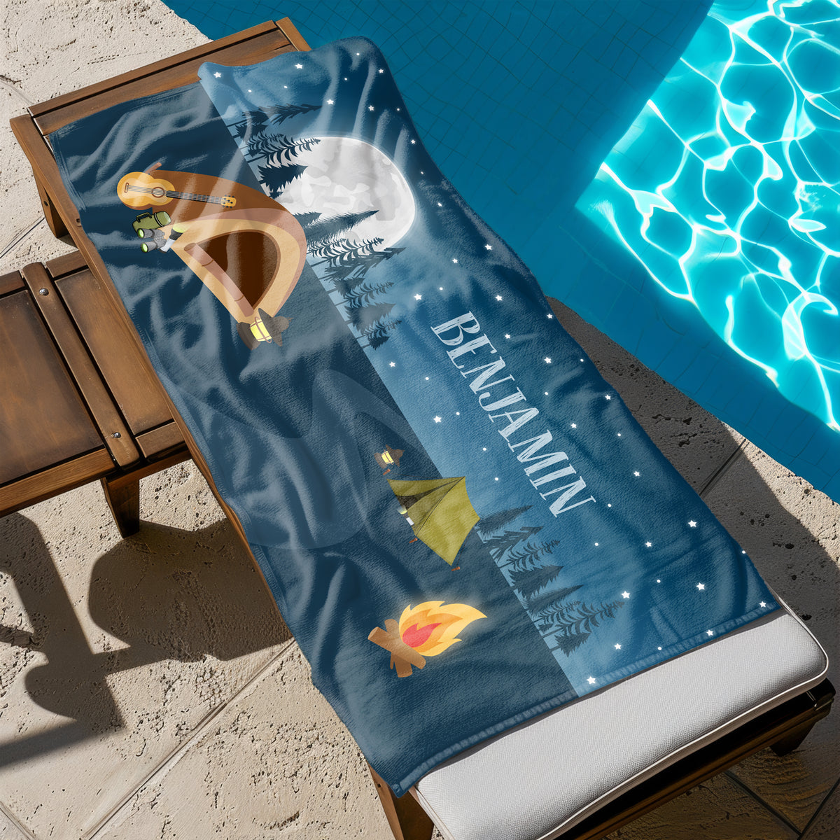 Tent Camping Camp Personalized Beach Towel • Custom 30x60 Swimming Swim Bath Bathroom Pool
