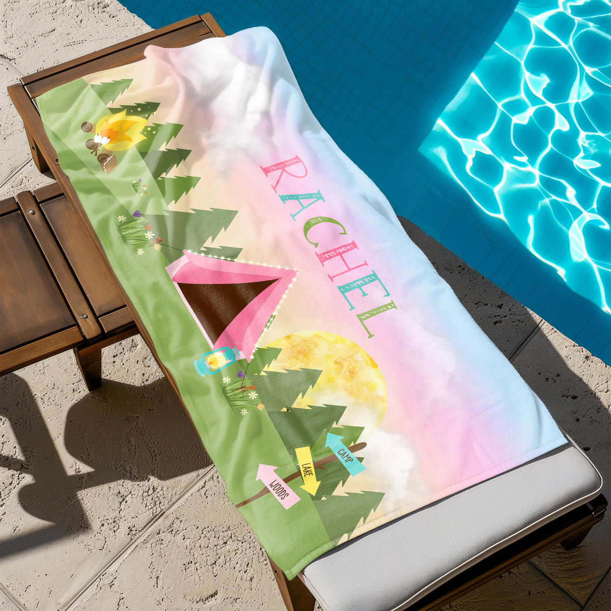 Tent Camping Camp Personalized Beach Towel • Custom 30x60 Swimming Swim Bath Bathroom Pool