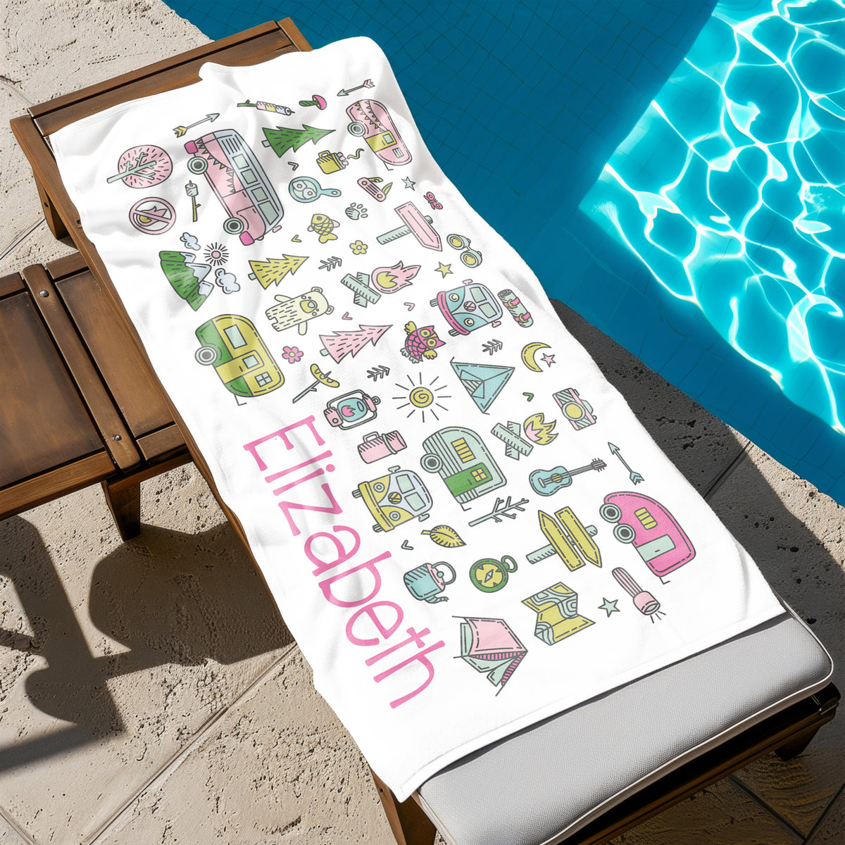 Camping Camp Personalized Beach Towel • Custom 30x60 Swimming Swim Bath Bathroom Pool