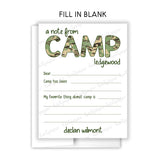 Camouflage Summer Camp Camping Note Cards Stationery • Fill in Blank, Lined or Blank Cards