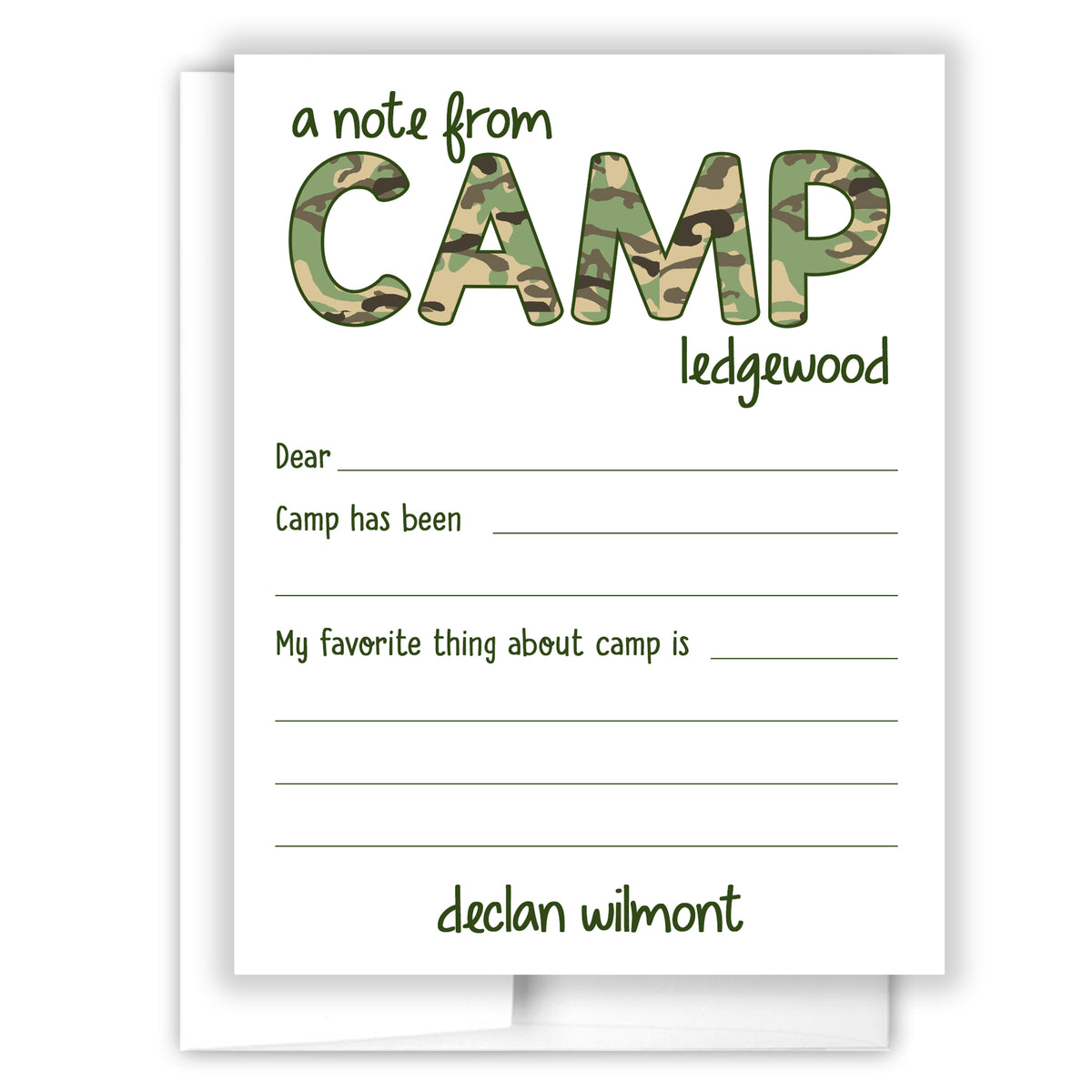 Camouflage Summer Camp Camping Note Cards Stationery • Fill in Blank, Lined or Blank Cards