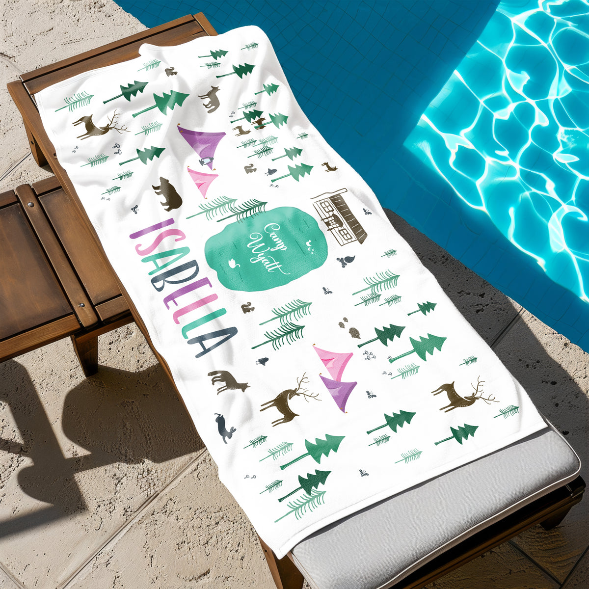 Camping Camp Personalized Beach Towel • Custom 30x60 Swimming Swim Bath Bathroom Pool