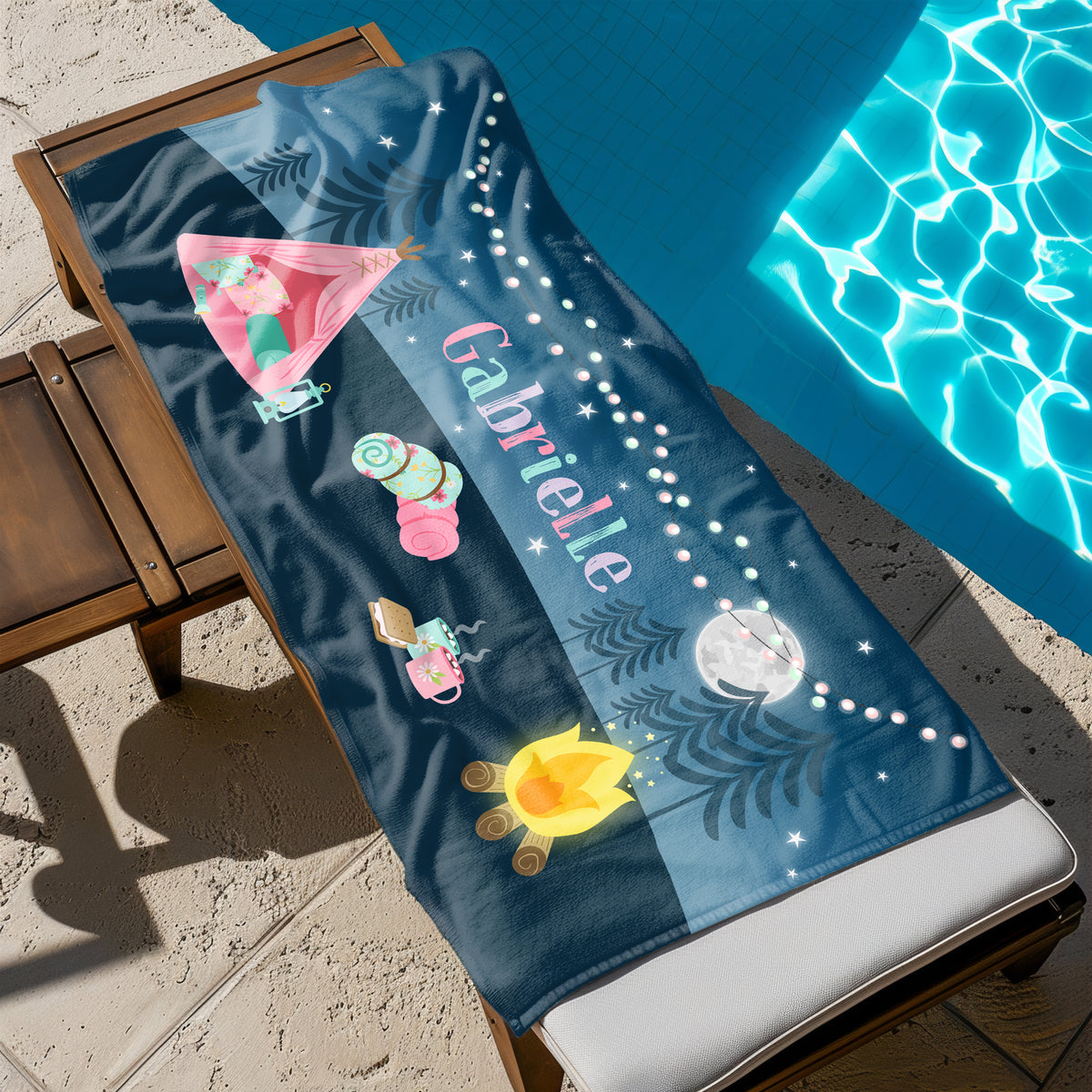 Tent Camping Camp Personalized Beach Towel • Custom 30x60 Swimming Swim Bath Bathroom Pool