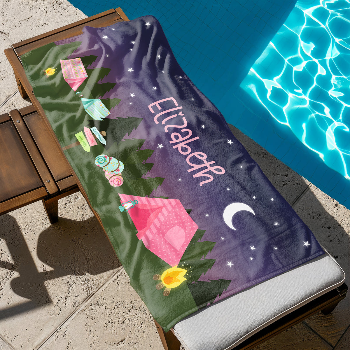 Tent Camping Camp Personalized Beach Towel • Custom 30x60 Swimming Swim Bath Bathroom Pool