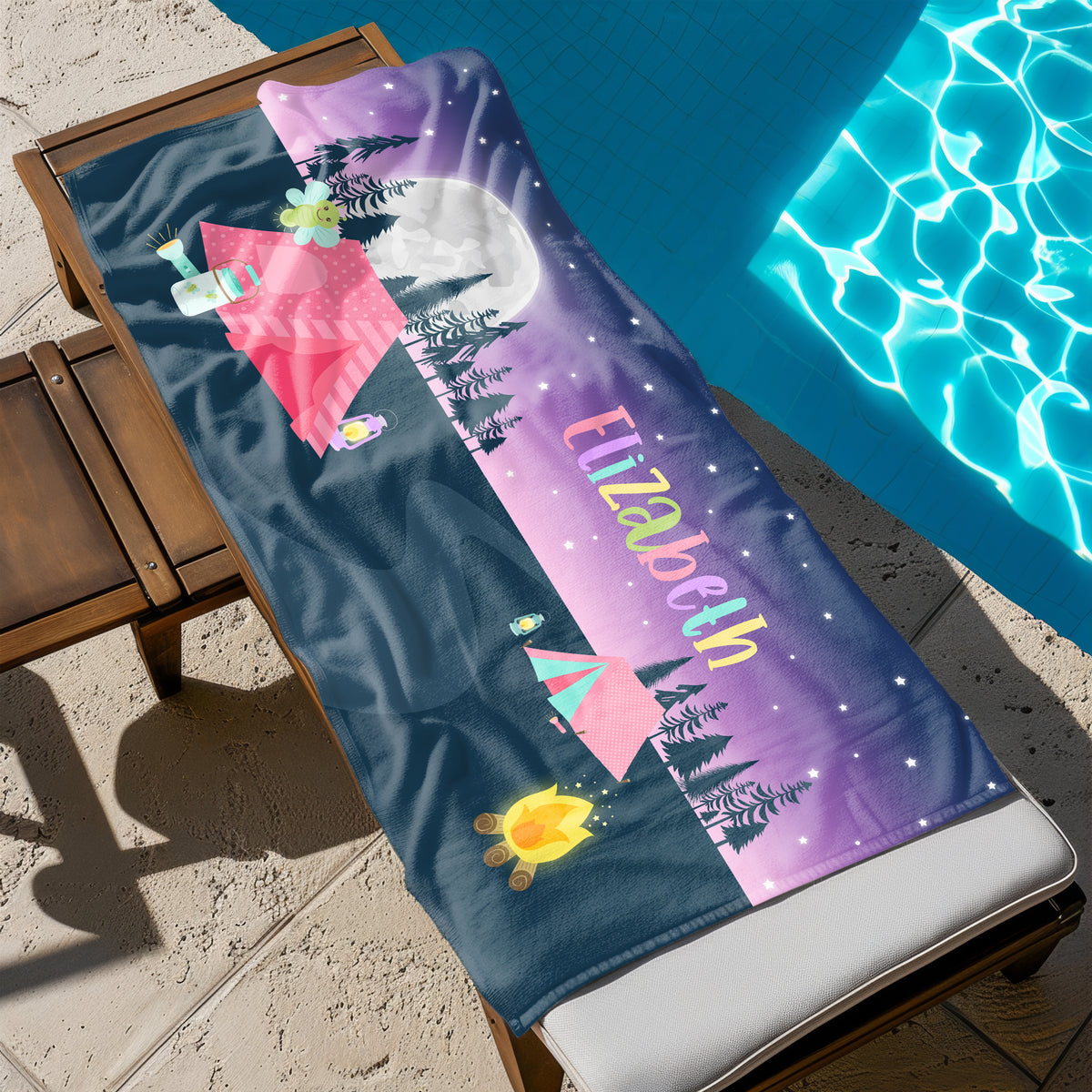 Tent Camping Camp Personalized Beach Towel • Custom 30x60 Swimming Swim Bath Bathroom Pool