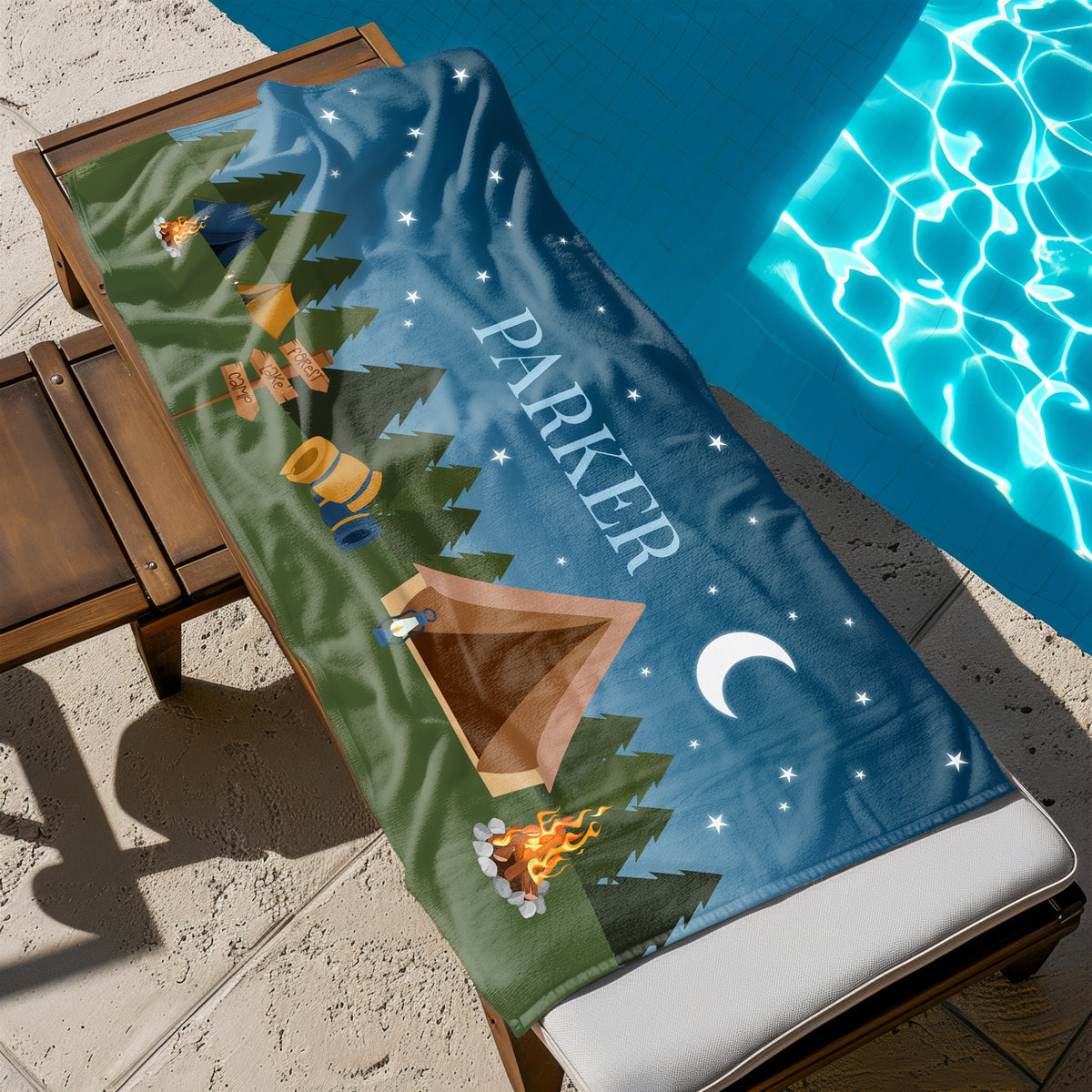 Tent Camping Camp Personalized Beach Towel • Custom 30x60 Swimming Swim Bath Bathroom Pool