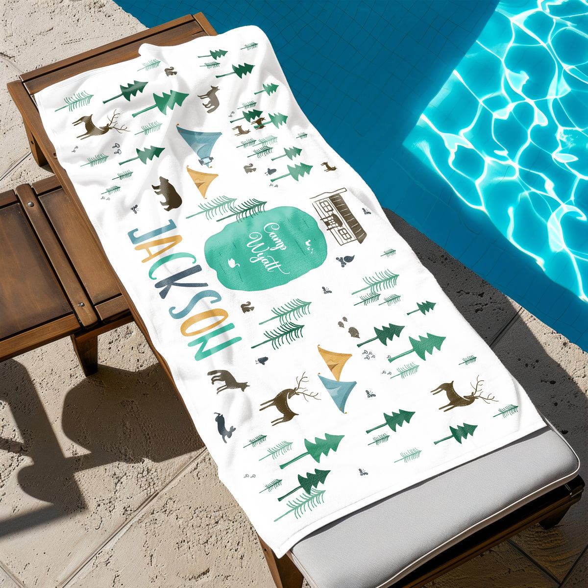 Camping Camp Personalized Beach Towel • Custom 30x60 Swimming Swim Bath Bathroom Pool