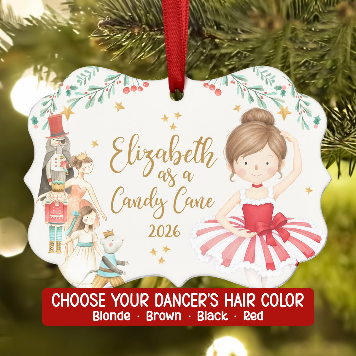 Ribbon Candy Cane Sweet Peppermint Nutcracker Christmas Ornament Personalized Custom Holiday Decor Gift Girl Ballerina Ballet Watercolor
