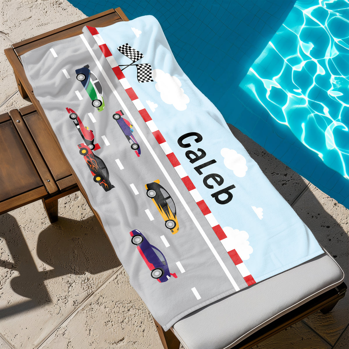 Race Cars Personalized Beach Towel • Custom 30x60 Swimming Swim Bath Bathroom Pool