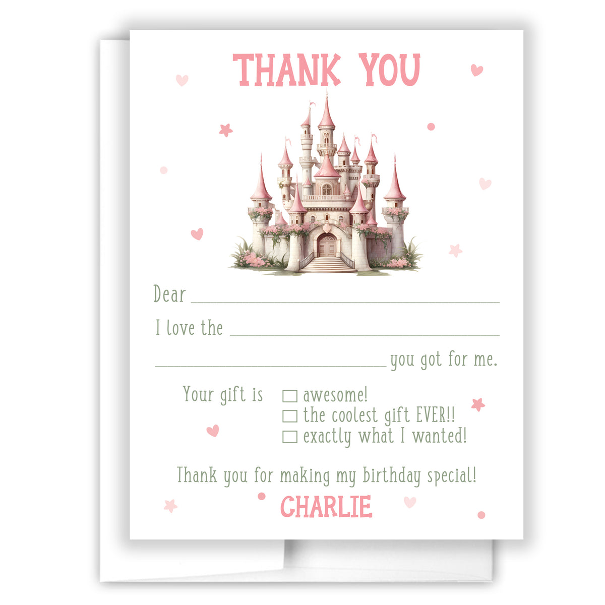 Castle Thank You Note Card Stationery • Fill in Blank, Lined or Blank Cards