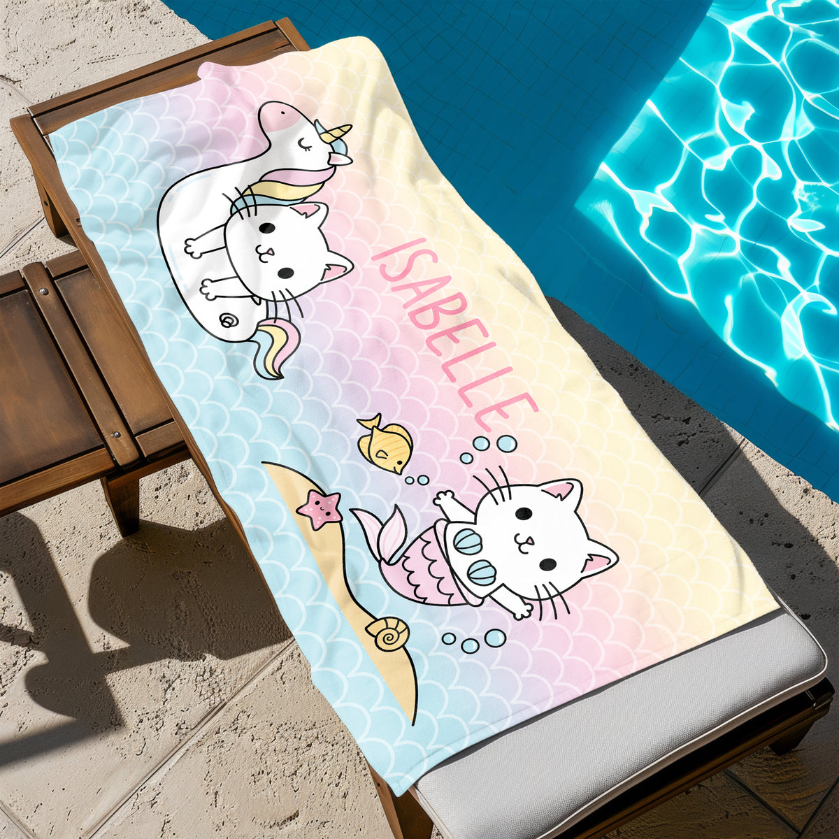 Rainbow Cat Personalized Beach Towel • Custom 30x60 Swimming Swim Bath Bathroom Pool