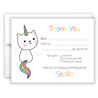 Caticorn Thank You Note Card Stationery • Fill in Blank, Lined or Blank Cards