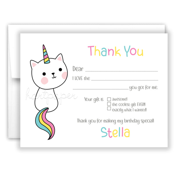 Caticorn Thank You Note Card Stationery • Fill in Blank, Lined or Blank Cards