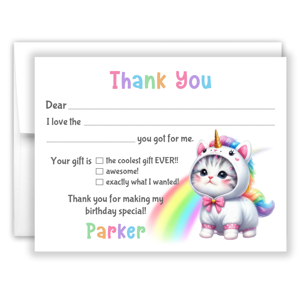 Cat Rainbow Kitten Thank You Note Card Personalized Custom Stationery • Fill in Blank, Lined or Blank Cards