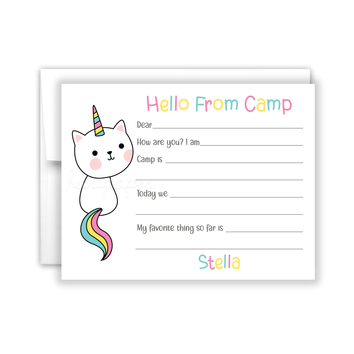 Rainbow Cat Summer Camp Camping Note Cards Stationery • Fill in Blank, Lined or Blank Cards