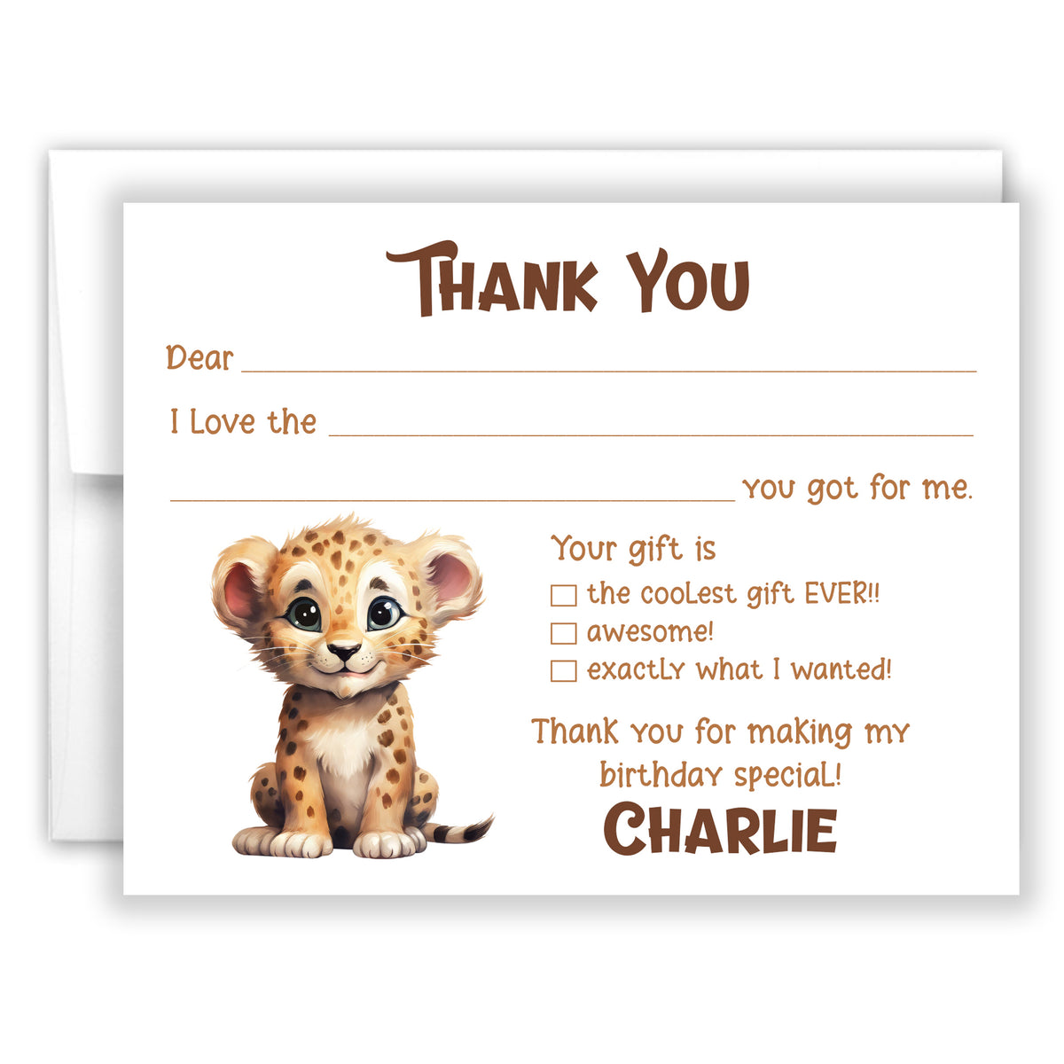 Cheetah Thank You Note Card Personalized Custom Stationery • Fill in Blank, Lined or Blank Cards
