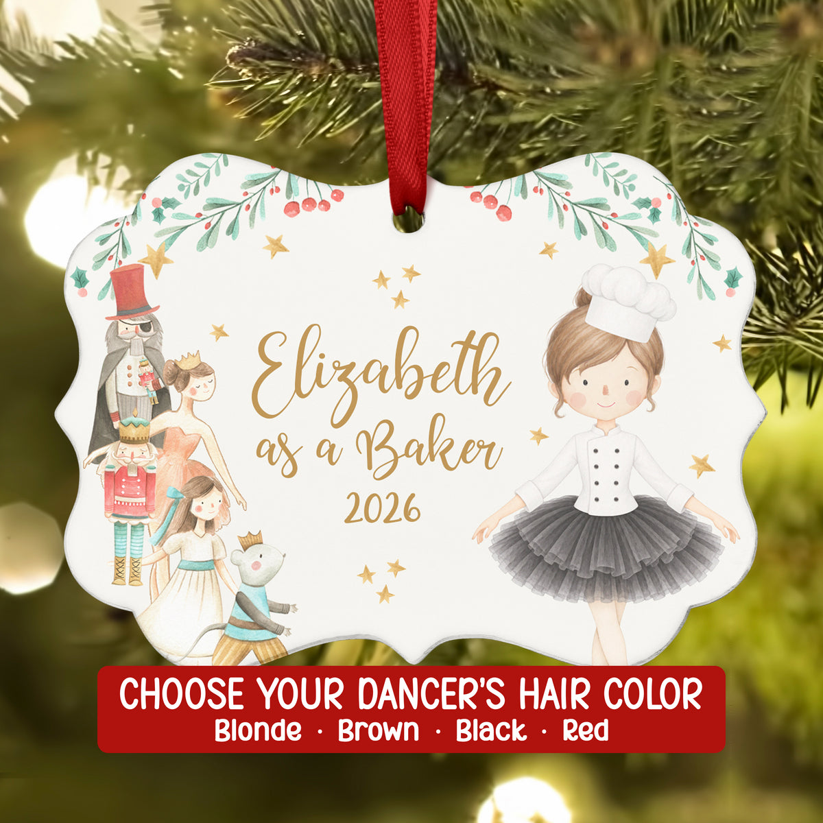Chef Baker Nutcracker Christmas Ornament Personalized Custom Holiday Decor Gift Girl Ballerina Ballet Watercolor