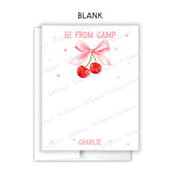Pink Cherry Bow Coquette Summer Camp Camping Note Cards Stationery • Fill in Blank, Lined or Blank Cards