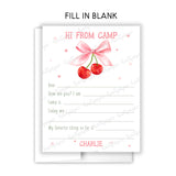 Pink Cherry Bow Coquette Summer Camp Camping Note Cards Stationery • Fill in Blank, Lined or Blank Cards
