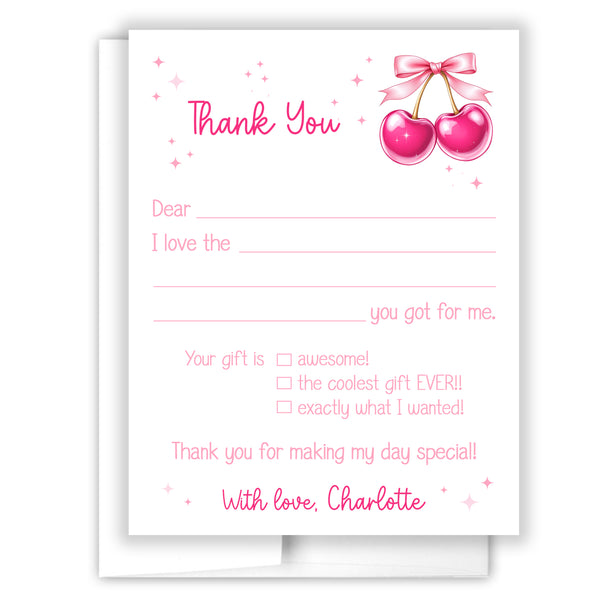 Cherry Thank You Note Card Stationery • Fill in Blank, Lined or Blank Cards