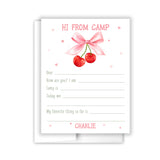 Pink Cherry Bow Coquette Summer Camp Camping Note Cards Stationery • Fill in Blank, Lined or Blank Cards