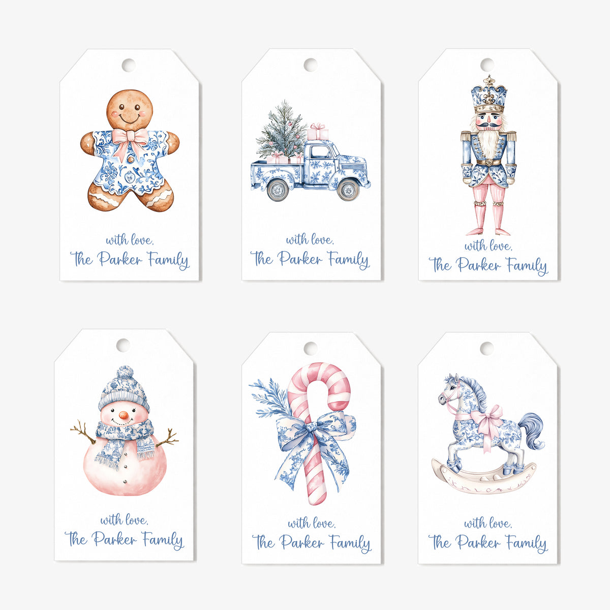Whimsical Chinoiserie Blue Toile Coquette Bow Bows Personalized Gift Tags • Christmas Holiday Gift Wrapping • Custom Family Name Tag • Gifts