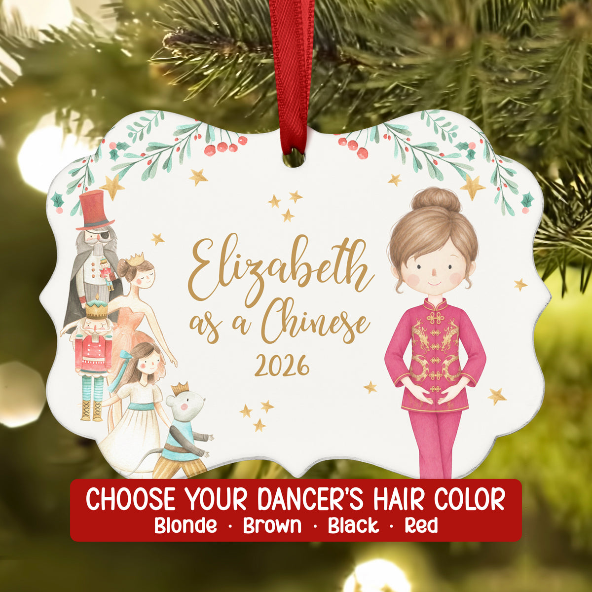 Chinese Nutcracker Christmas Ornament Personalized Custom Holiday Decor Gift Girl Ballerina Ballet Watercolor