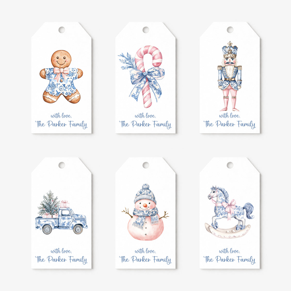 Whimsical Chinoiserie Blue Toile Coquette Bow Bows Personalized Gift Tags • Christmas Holiday Gift Wrapping • Custom Family Name Tag • Gifts