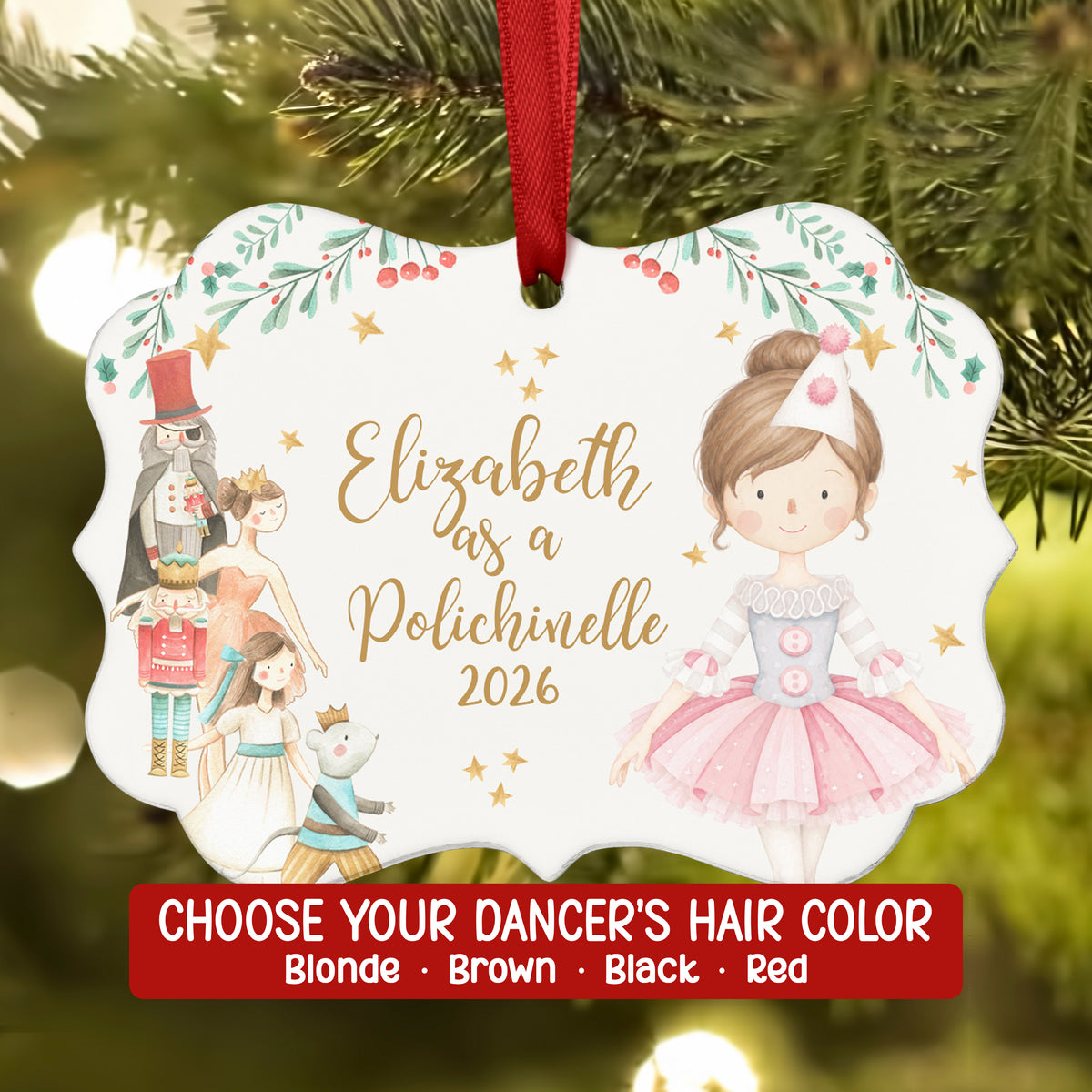Polichinelle Mother Ginger Kid Poly Columbine Bon Nutcracker Christmas Ornament Personalized Custom Holiday Decor Gift Girl Ballerina Ballet Watercolor