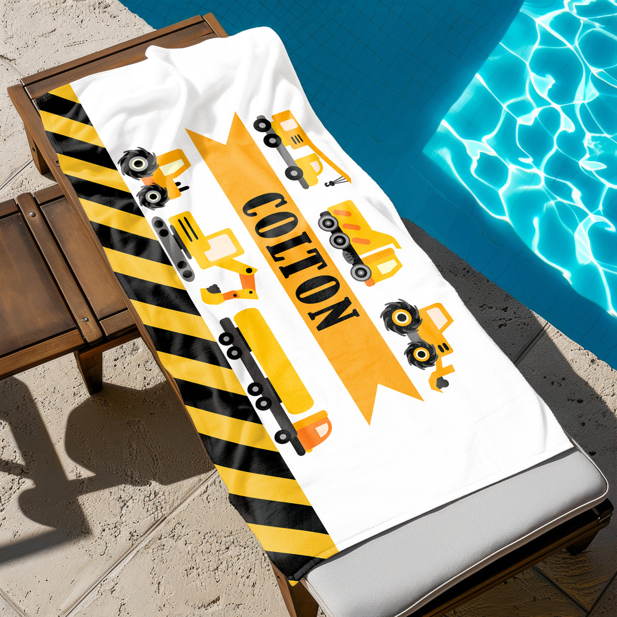 Construction Trucks Personalized Beach Towel • Custom 30x60 Swimming Swim Bath Bathroom Pool
