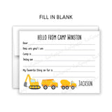 Construction Summer Camp Camping Note Cards Stationery • Fill in Blank, Lined or Blank Cards