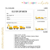 Construction Summer Camp Camping Note Cards Stationery • Fill in Blank, Lined or Blank Cards