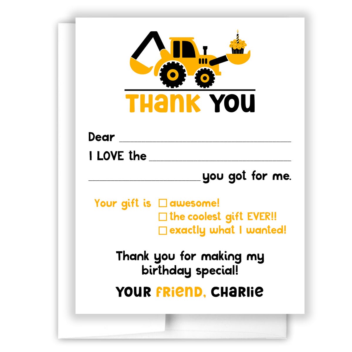 Construction Truck Thank You Note Card Personalized Custom Stationery • Fill in Blank, Lined or Blank Cards